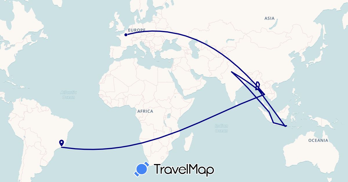TravelMap itinerary: driving in Brazil, France, Indonesia, India, Myanmar (Burma), Singapore, Thailand (Asia, Europe, South America)